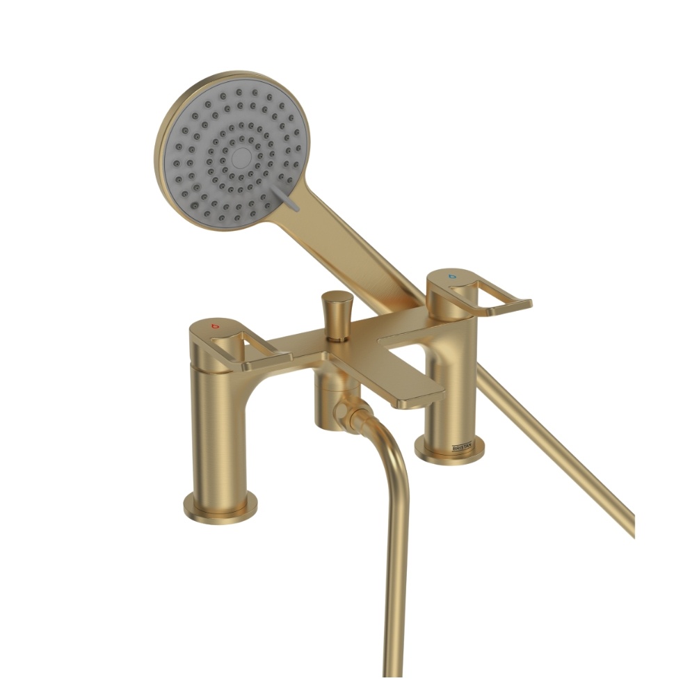 Product cut out image of the Bristan Saffron Brushed Brass Deck Mounted Bath Shower Mixer
